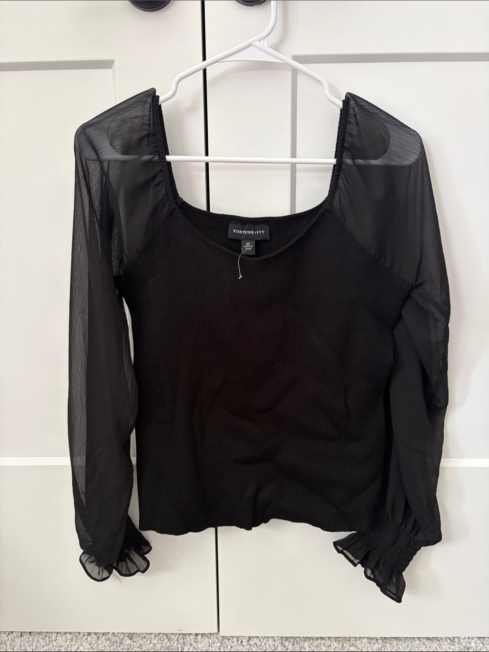 Black Sheer Puff Sleeve Square Neck Top